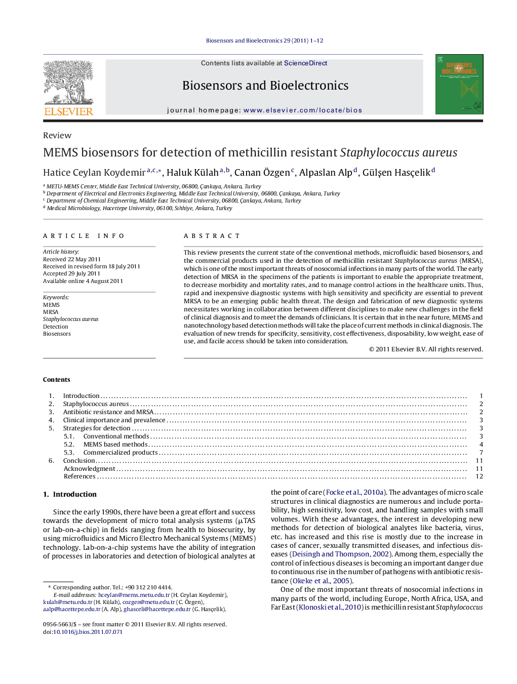 MEMS biosensors for detection of methicillin resistant Staphylococcus aureus