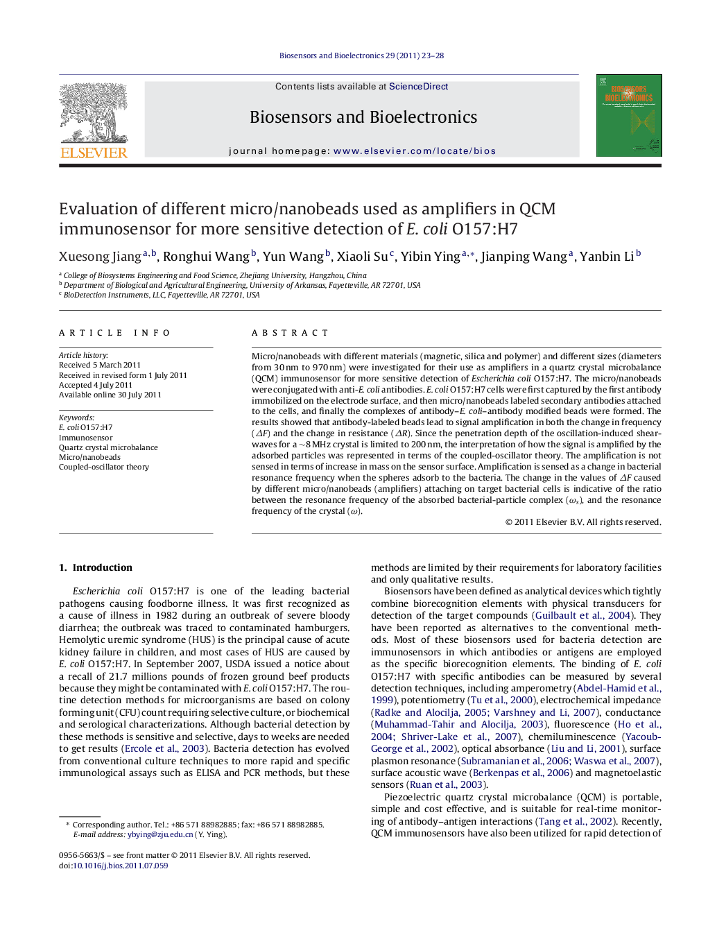 Evaluation of different micro/nanobeads used as amplifiers in QCM immunosensor for more sensitive detection of E. coli O157:H7