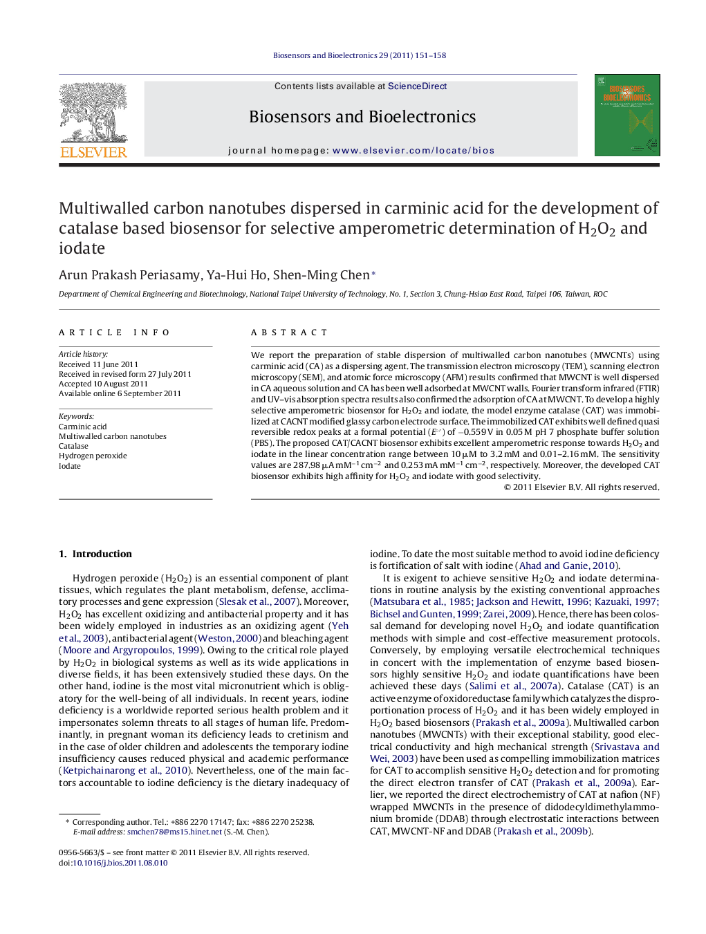 Multiwalled carbon nanotubes dispersed in carminic acid for the development of catalase based biosensor for selective amperometric determination of H2O2 and iodate