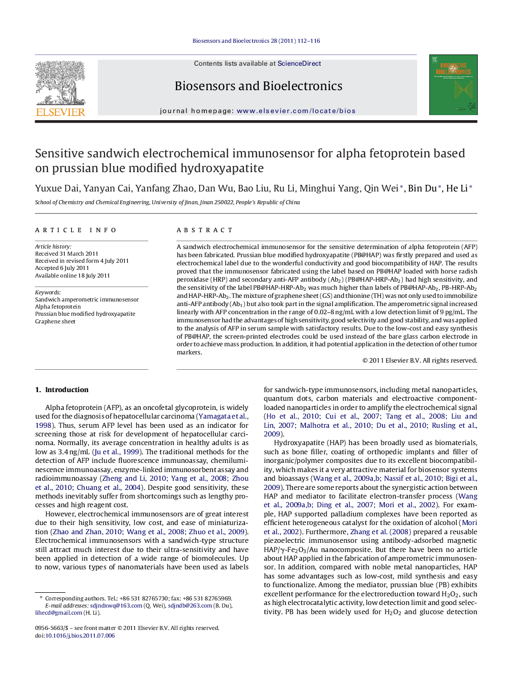 Sensitive sandwich electrochemical immunosensor for alpha fetoprotein based on prussian blue modified hydroxyapatite