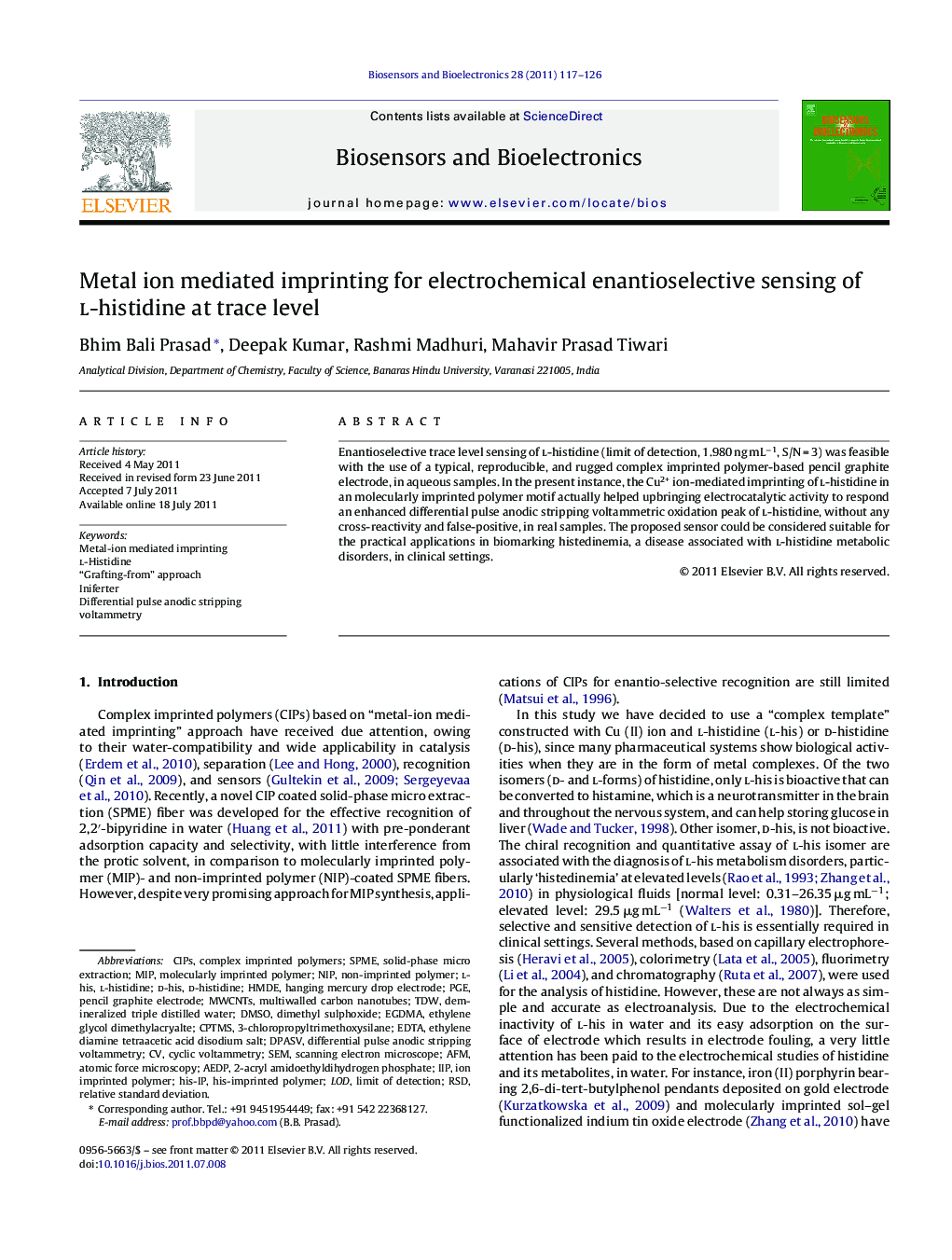 Metal ion mediated imprinting for electrochemical enantioselective sensing of l-histidine at trace level