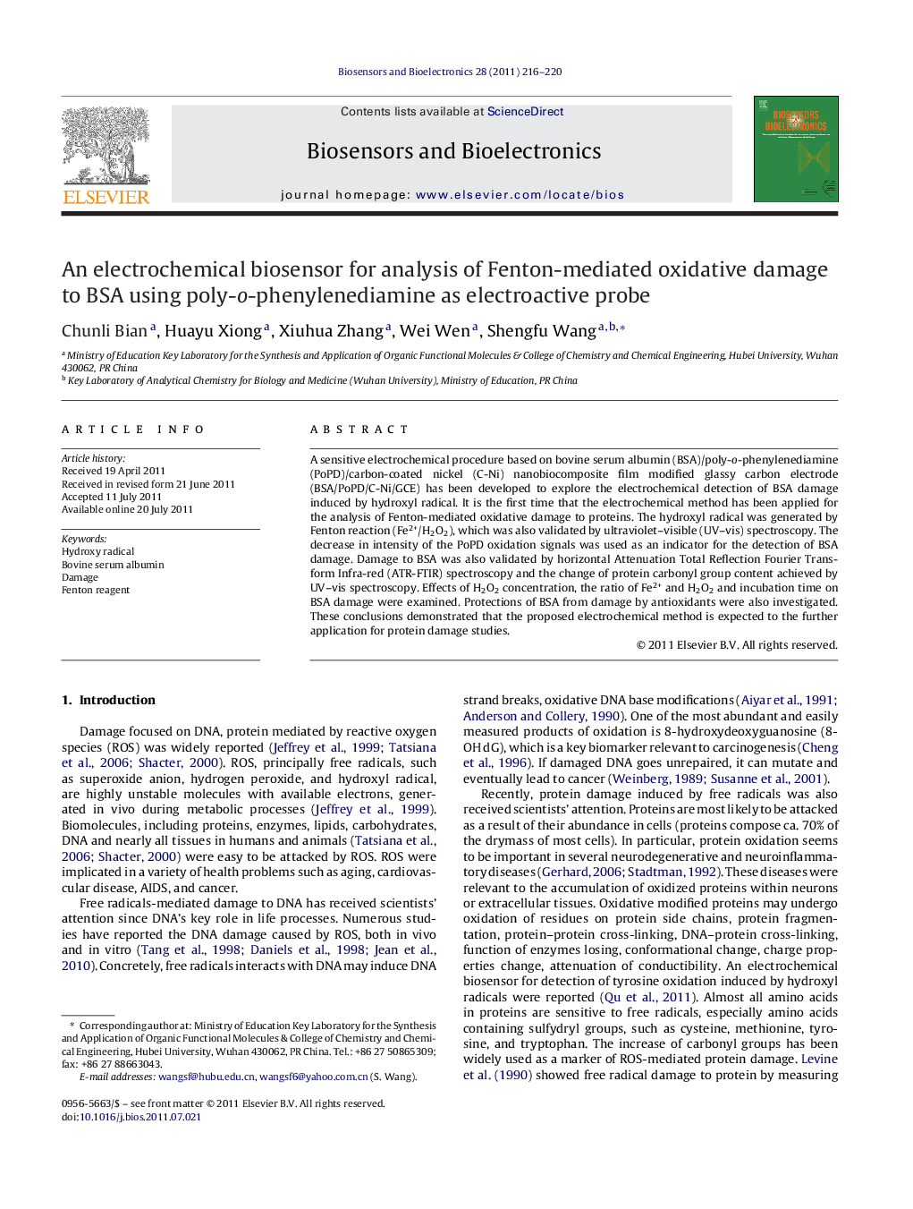 An electrochemical biosensor for analysis of Fenton-mediated oxidative damage to BSA using poly-o-phenylenediamine as electroactive probe