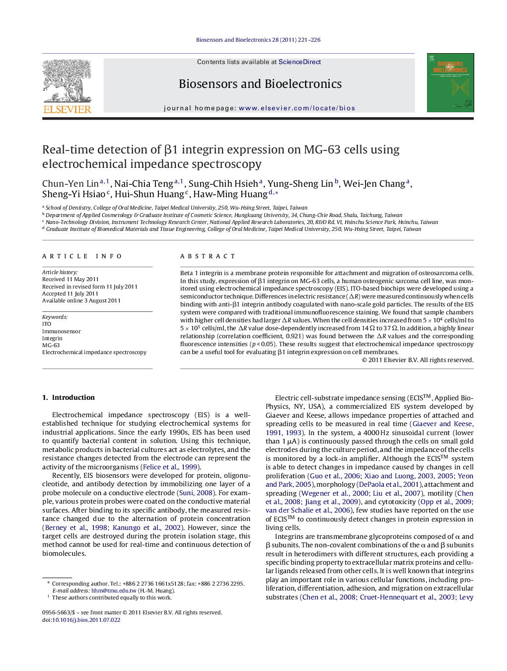 Real-time detection of Î²1 integrin expression on MG-63 cells using electrochemical impedance spectroscopy