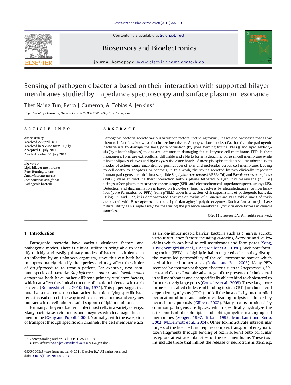 Sensing of pathogenic bacteria based on their interaction with supported bilayer membranes studied by impedance spectroscopy and surface plasmon resonance