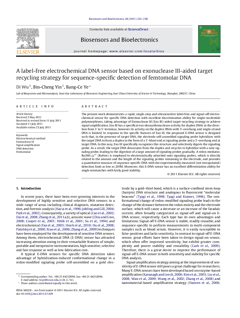 A label-free electrochemical DNA sensor based on exonuclease III-aided target recycling strategy for sequence-specific detection of femtomolar DNA