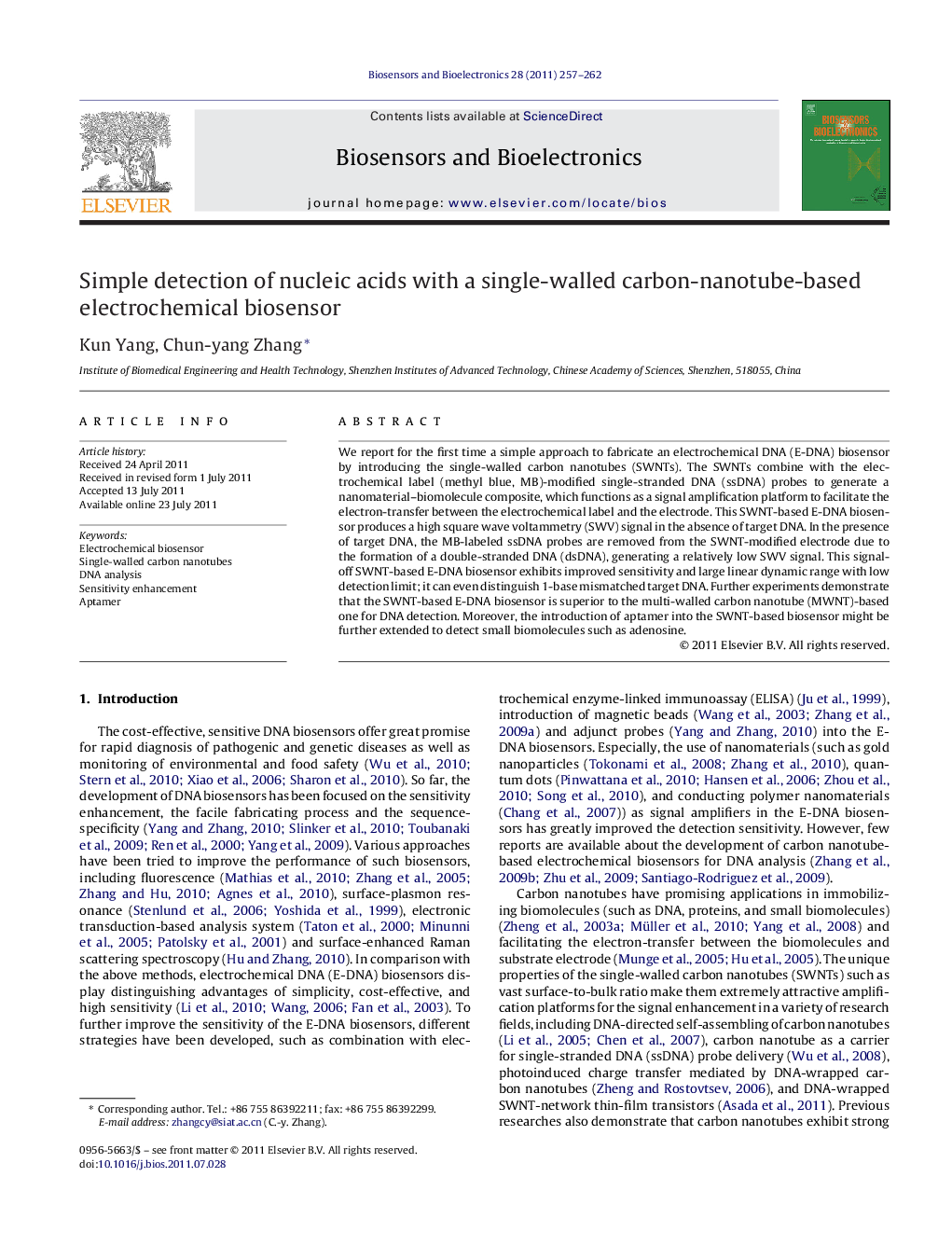 Simple detection of nucleic acids with a single-walled carbon-nanotube-based electrochemical biosensor