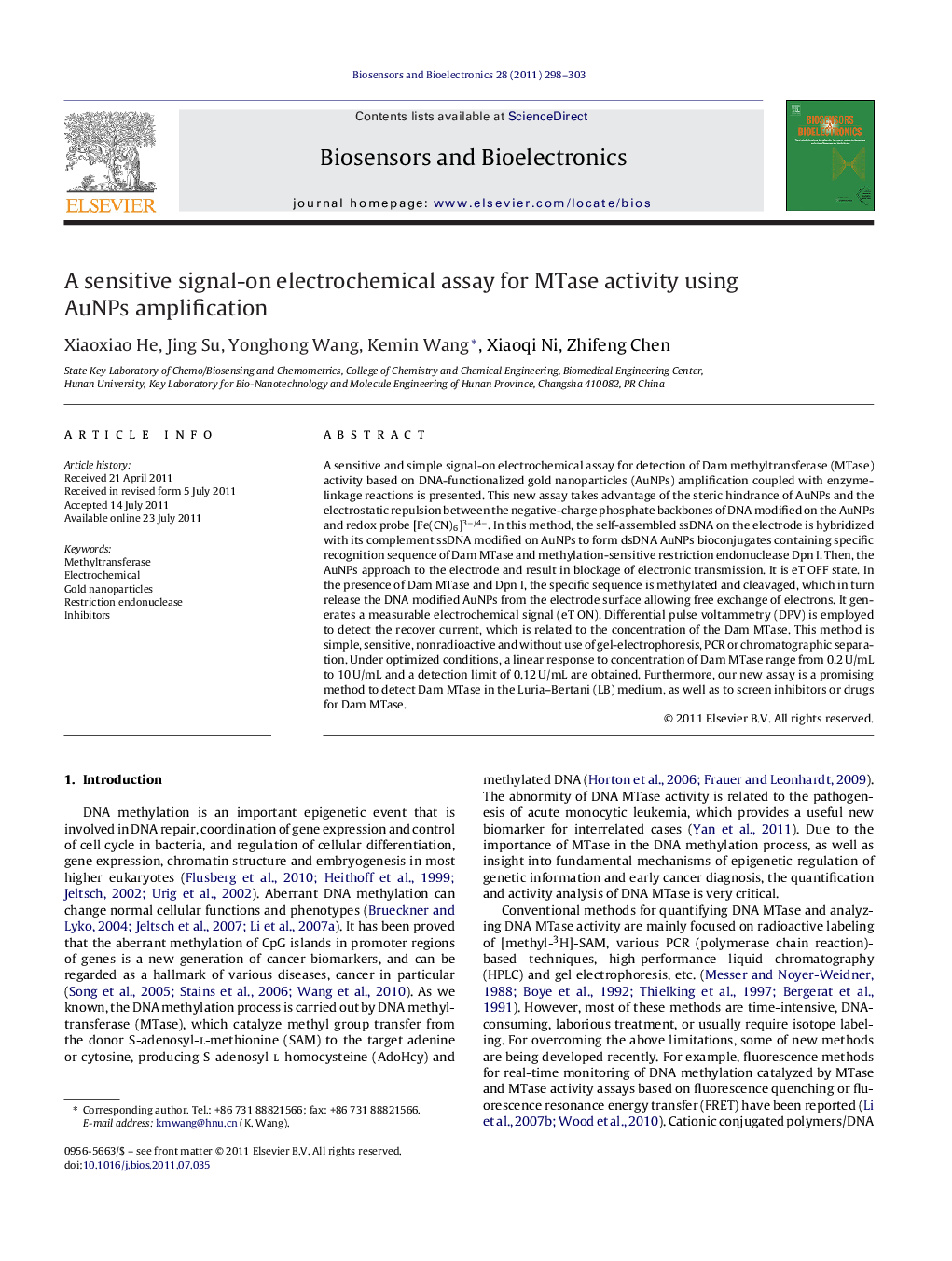 A sensitive signal-on electrochemical assay for MTase activity using AuNPs amplification