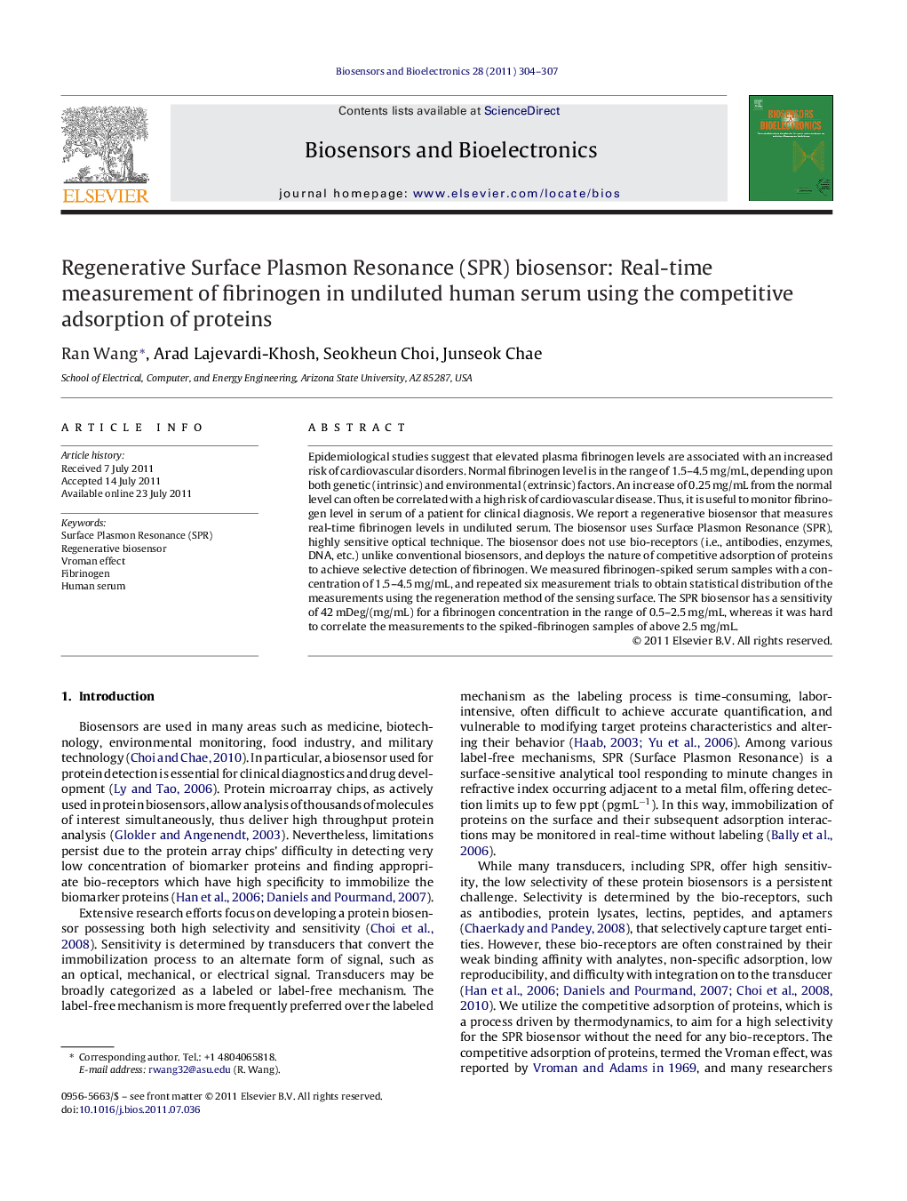 Regenerative Surface Plasmon Resonance (SPR) biosensor: Real-time measurement of fibrinogen in undiluted human serum using the competitive adsorption of proteins