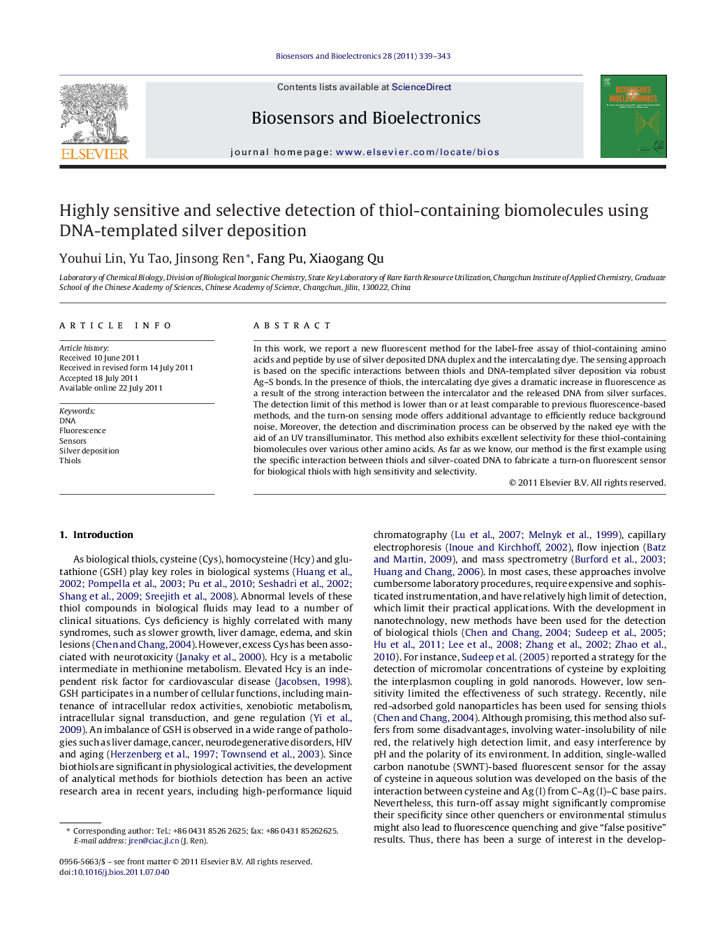 Highly sensitive and selective detection of thiol-containing biomolecules using DNA-templated silver deposition