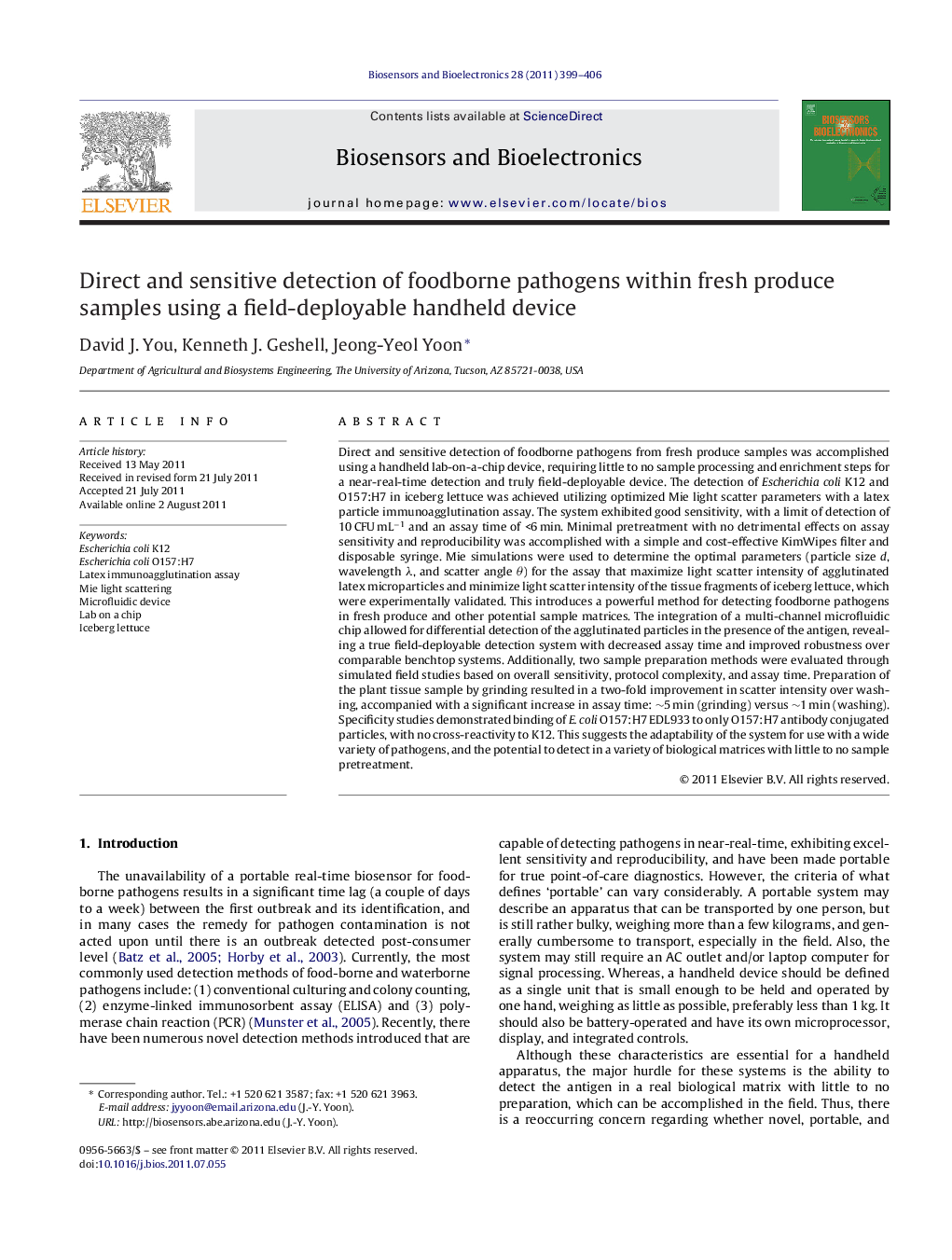 Direct and sensitive detection of foodborne pathogens within fresh produce samples using a field-deployable handheld device