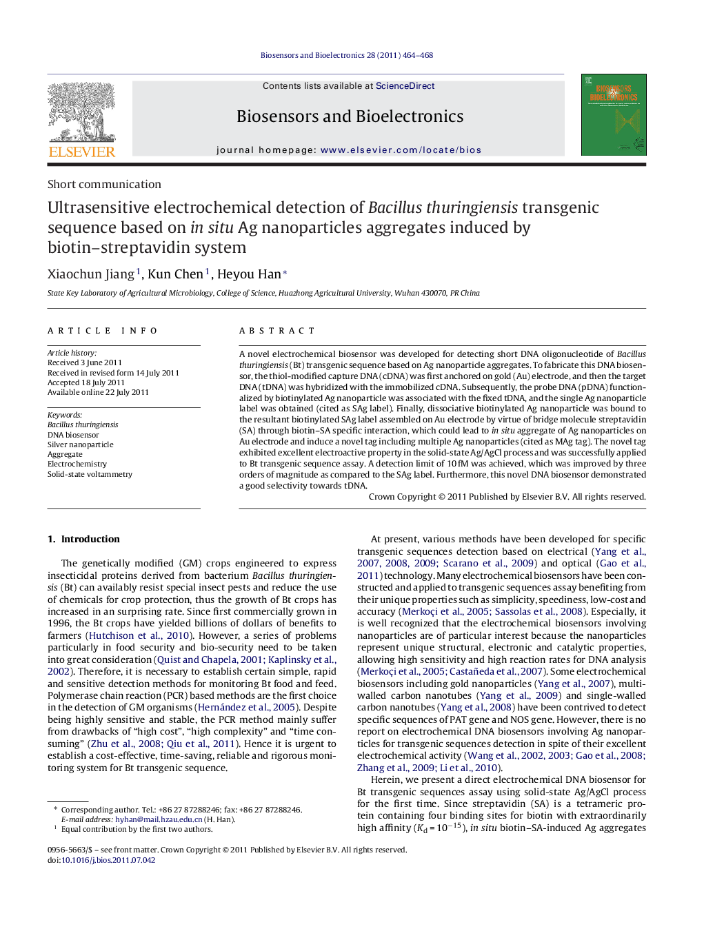 Ultrasensitive electrochemical detection of Bacillus thuringiensis transgenic sequence based on in situ Ag nanoparticles aggregates induced by biotin-streptavidin system