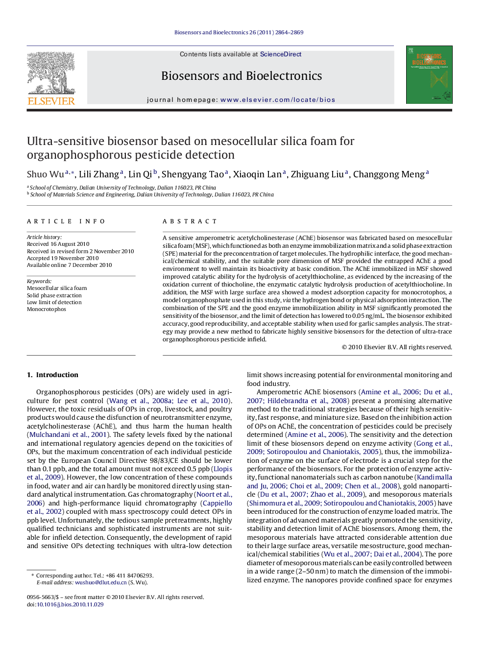 عکس صفحه اول مقاله: Ultra-sensitive biosensor based on mesocellular silica foam for organophosphorous pesticide detection Ultra-sensitive biosensor based on mesocellular silica foam for organophosphorous pesticide detection