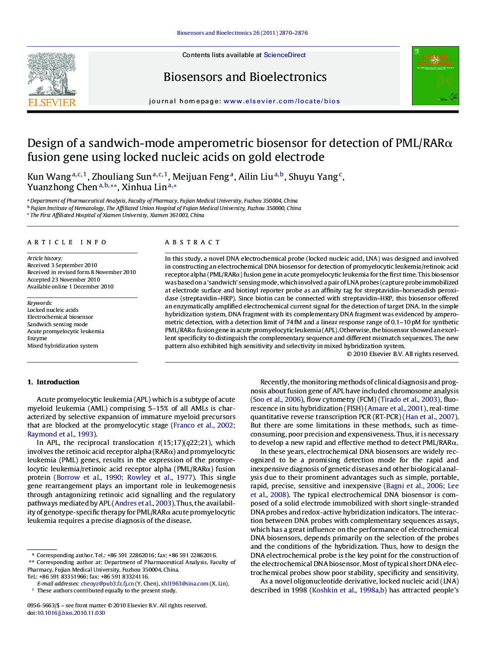 Design of a sandwich-mode amperometric biosensor for detection of PML/RARÎ± fusion gene using locked nucleic acids on gold electrode