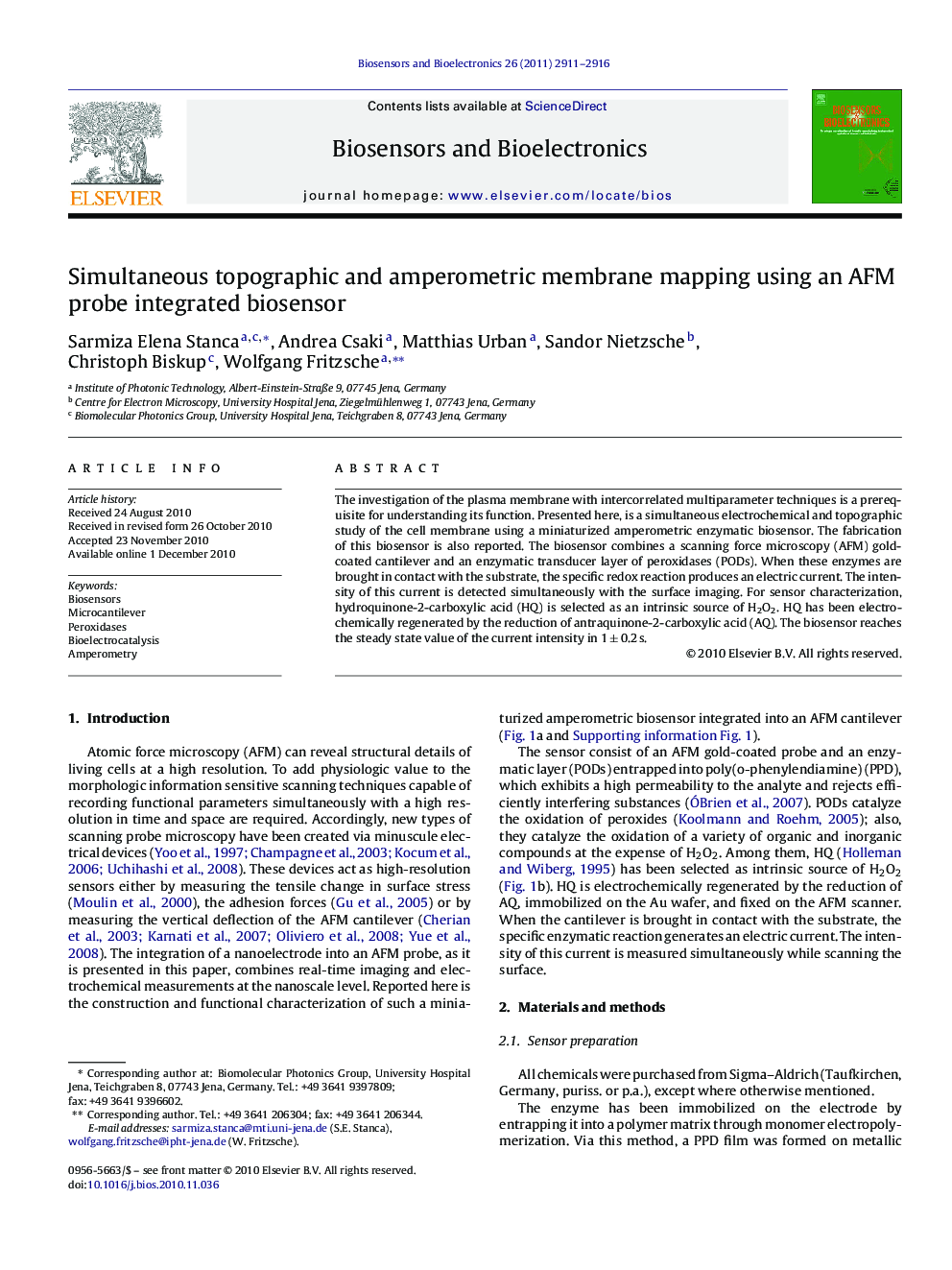 Simultaneous topographic and amperometric membrane mapping using an AFM probe integrated biosensor