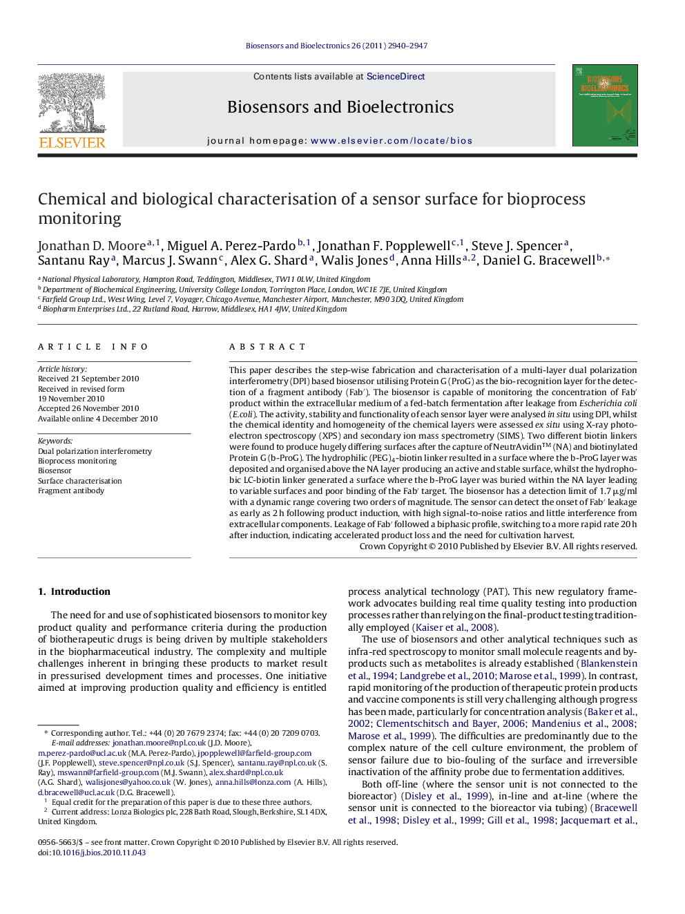 عکس صفحه اول مقاله: Chemical and biological characterisation of a sensor surface for bioprocess monitoring Chemical and biological characterisation of a sensor surface for bioprocess monitoring