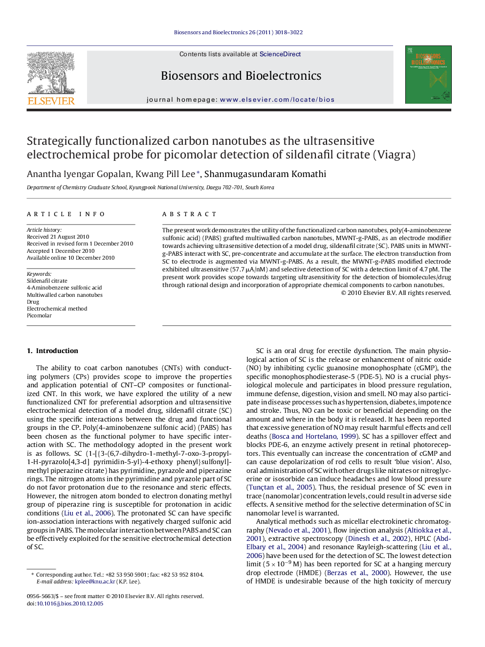 Strategically functionalized carbon nanotubes as the ultrasensitive electrochemical probe for picomolar detection of sildenafil citrate (Viagra)