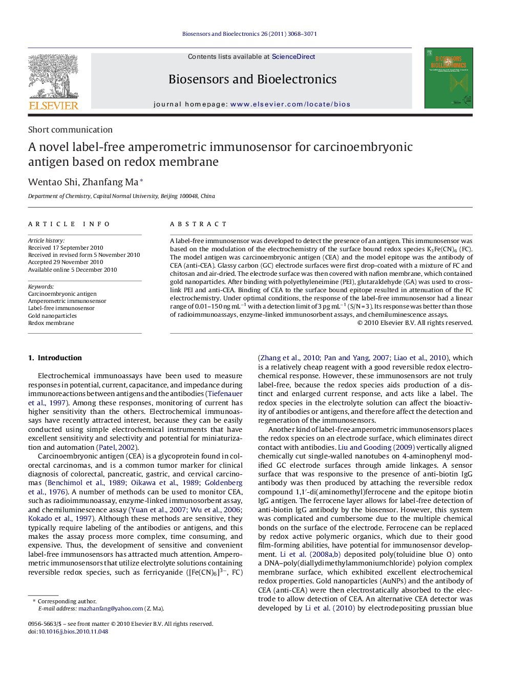 A novel label-free amperometric immunosensor for carcinoembryonic antigen based on redox membrane