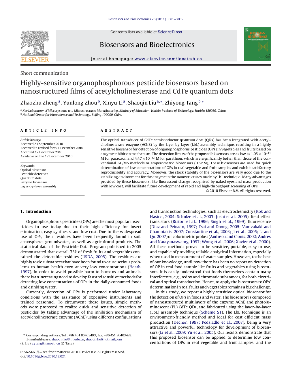 Highly-sensitive organophosphorous pesticide biosensors based on nanostructured films of acetylcholinesterase and CdTe quantum dots