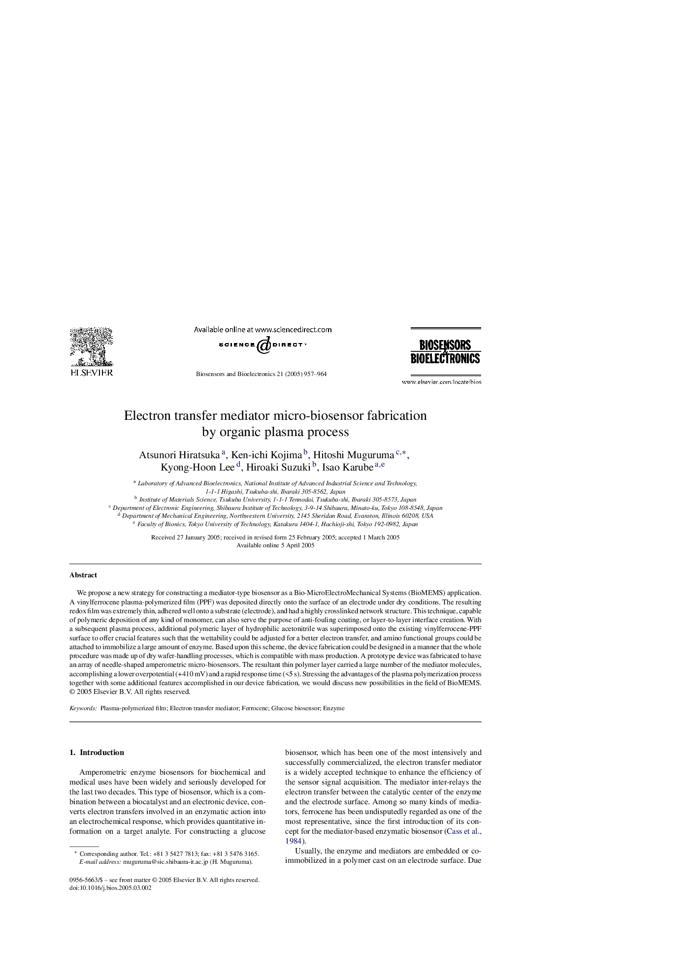 عکس صفحه اول مقاله: Electron transfer mediator micro-biosensor fabrication by organic plasma process Electron transfer mediator micro-biosensor fabrication by organic plasma process
