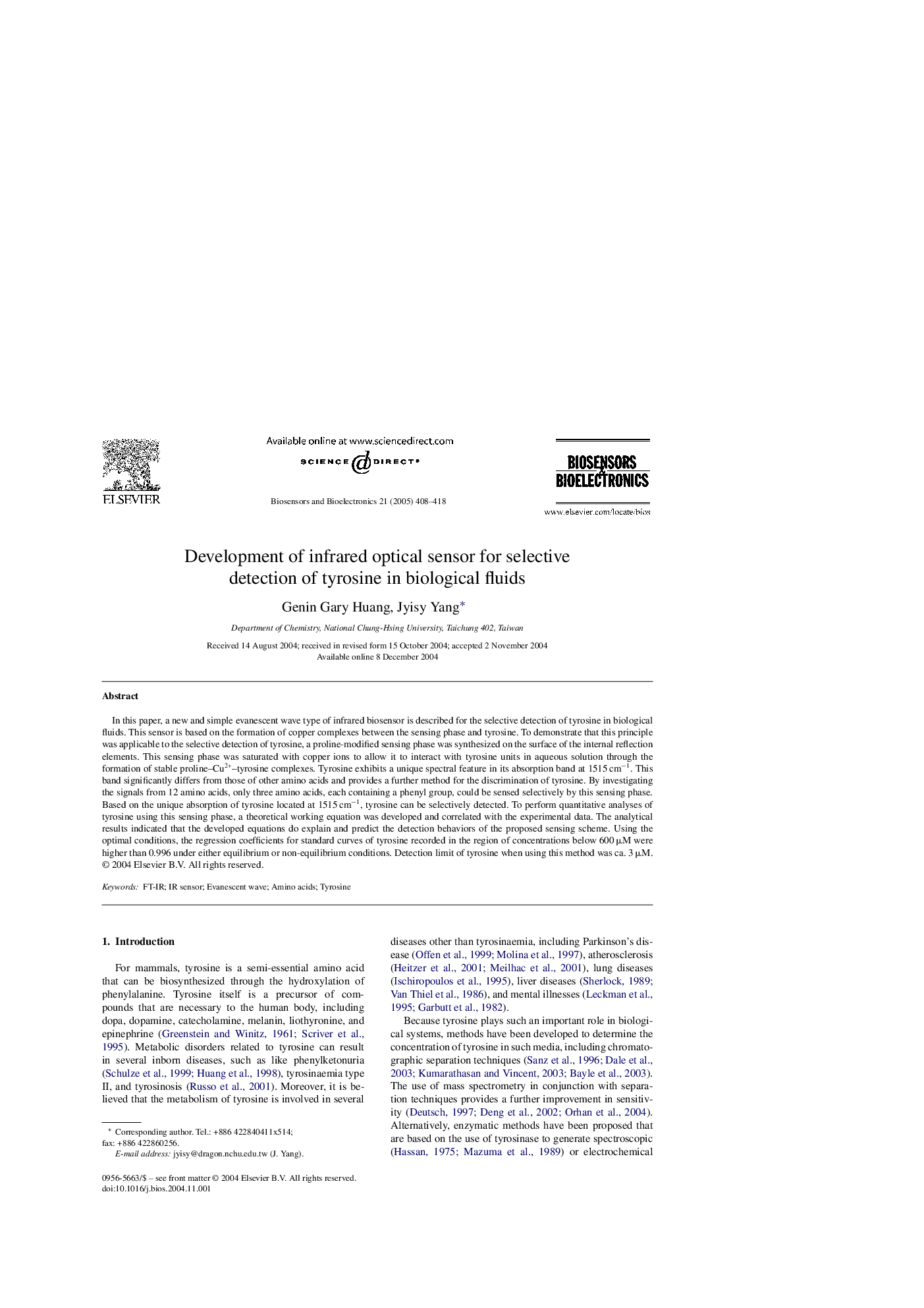 Development of infrared optical sensor for selective detection of tyrosine in biological fluids