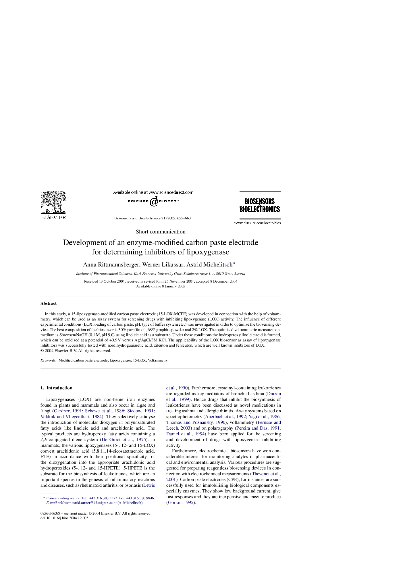 Development of an enzyme-modified carbon paste electrode for determining inhibitors of lipoxygenase