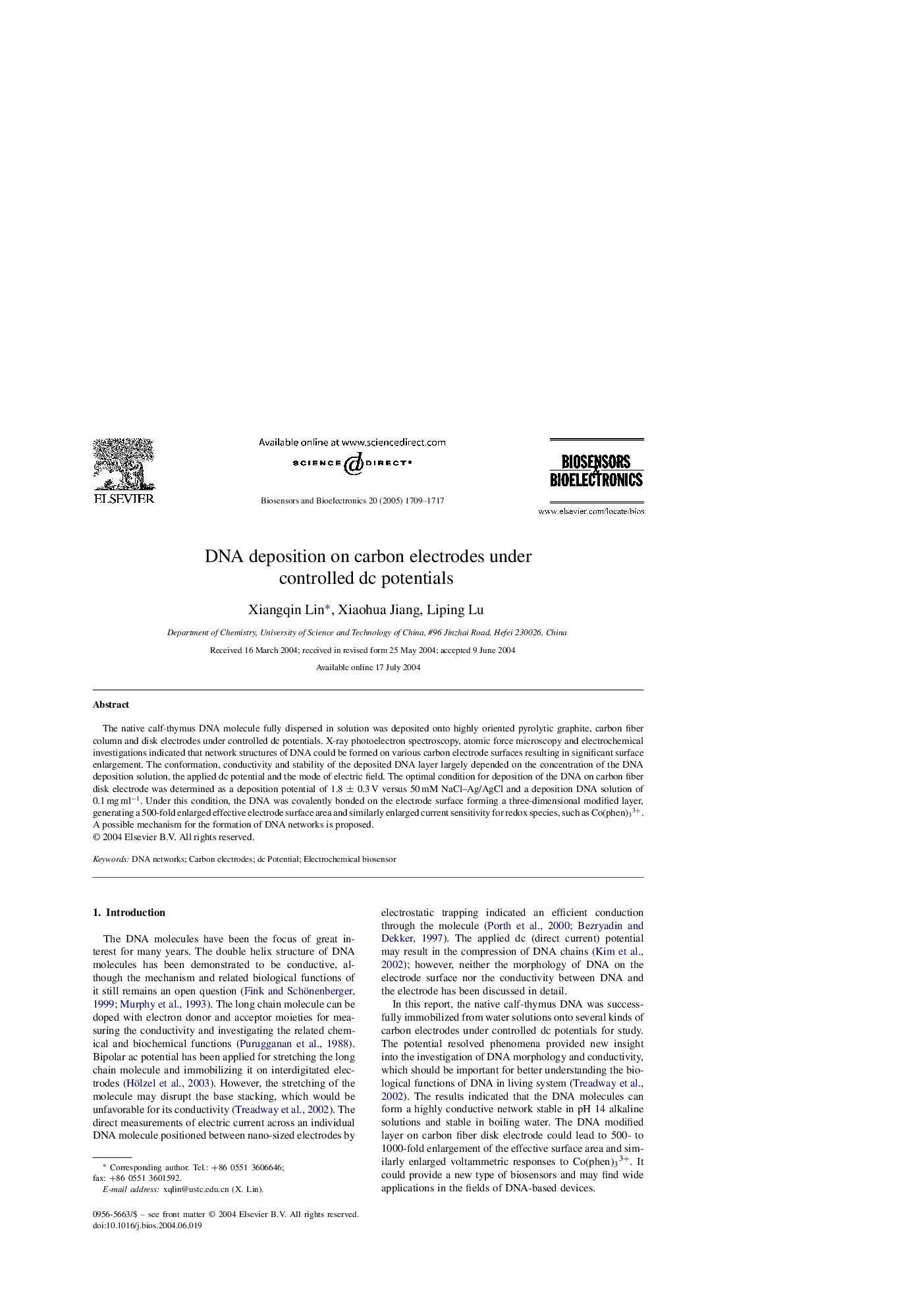 DNA deposition on carbon electrodes under controlled dc potentials