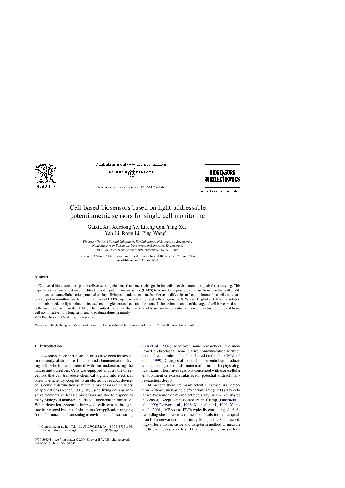 Cell-based biosensors based on light-addressable potentiometric sensors for single cell monitoring