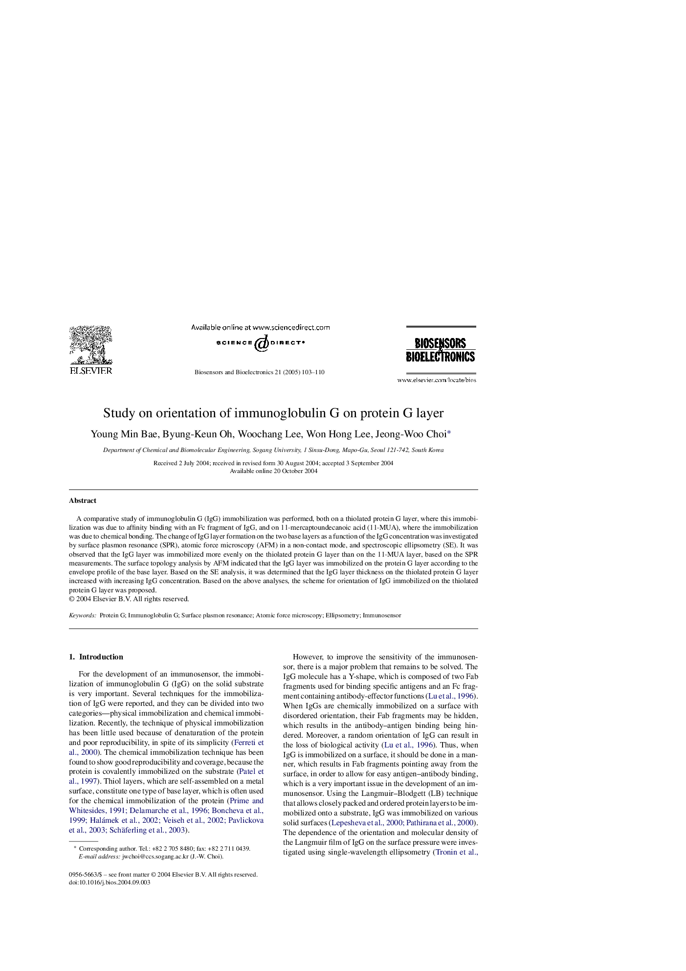 عکس صفحه اول مقاله: Study on orientation of immunoglobulin G on protein G layer Study on orientation of immunoglobulin G on protein G layer