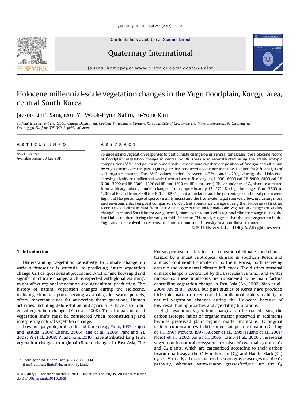 عکس صفحه اول مقاله: Holocene millennial-scale vegetation changes in the Yugu floodplain, Kongju area, central South Korea Holocene millennial-scale vegetation changes in the Yugu floodplain, Kongju area, central South Korea