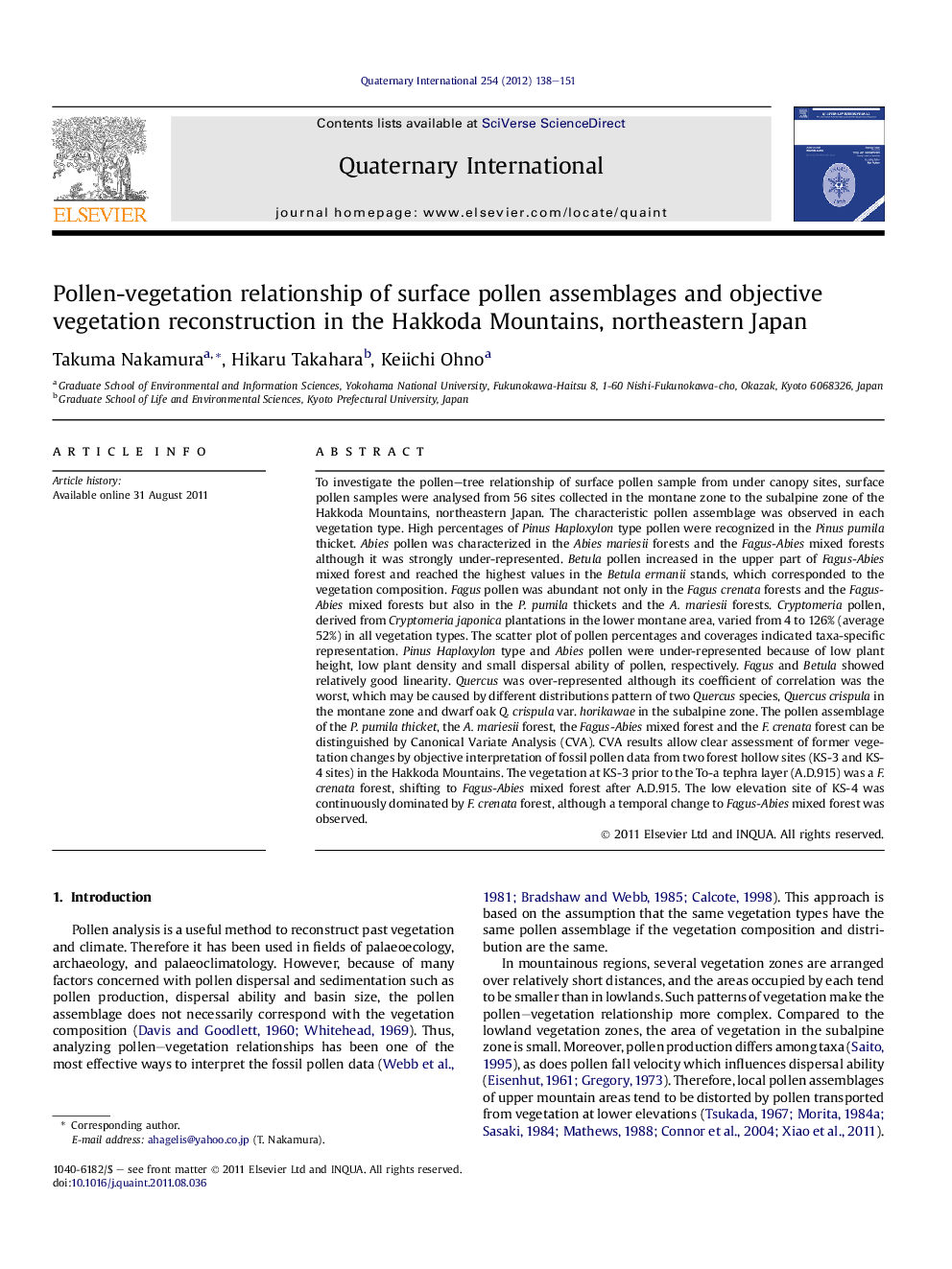 عکس صفحه اول مقاله: Pollen-vegetation relationship of surface pollen assemblages and objective vegetation reconstruction in the Hakkoda Mountains, northeastern Japan Pollen-vegetation relationship of surface pollen assemblages and objective vegetation reconstruction in the Hakkoda Mountains, northeastern Japan