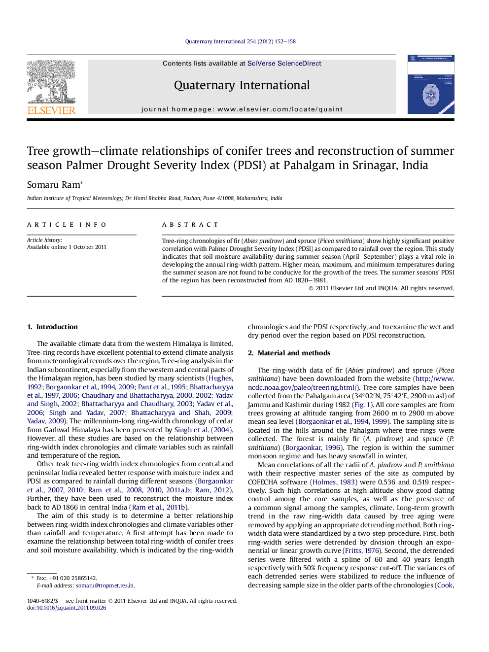 Tree growth–climate relationships of conifer trees and reconstruction of summer season Palmer Drought Severity Index (PDSI) at Pahalgam in Srinagar, India