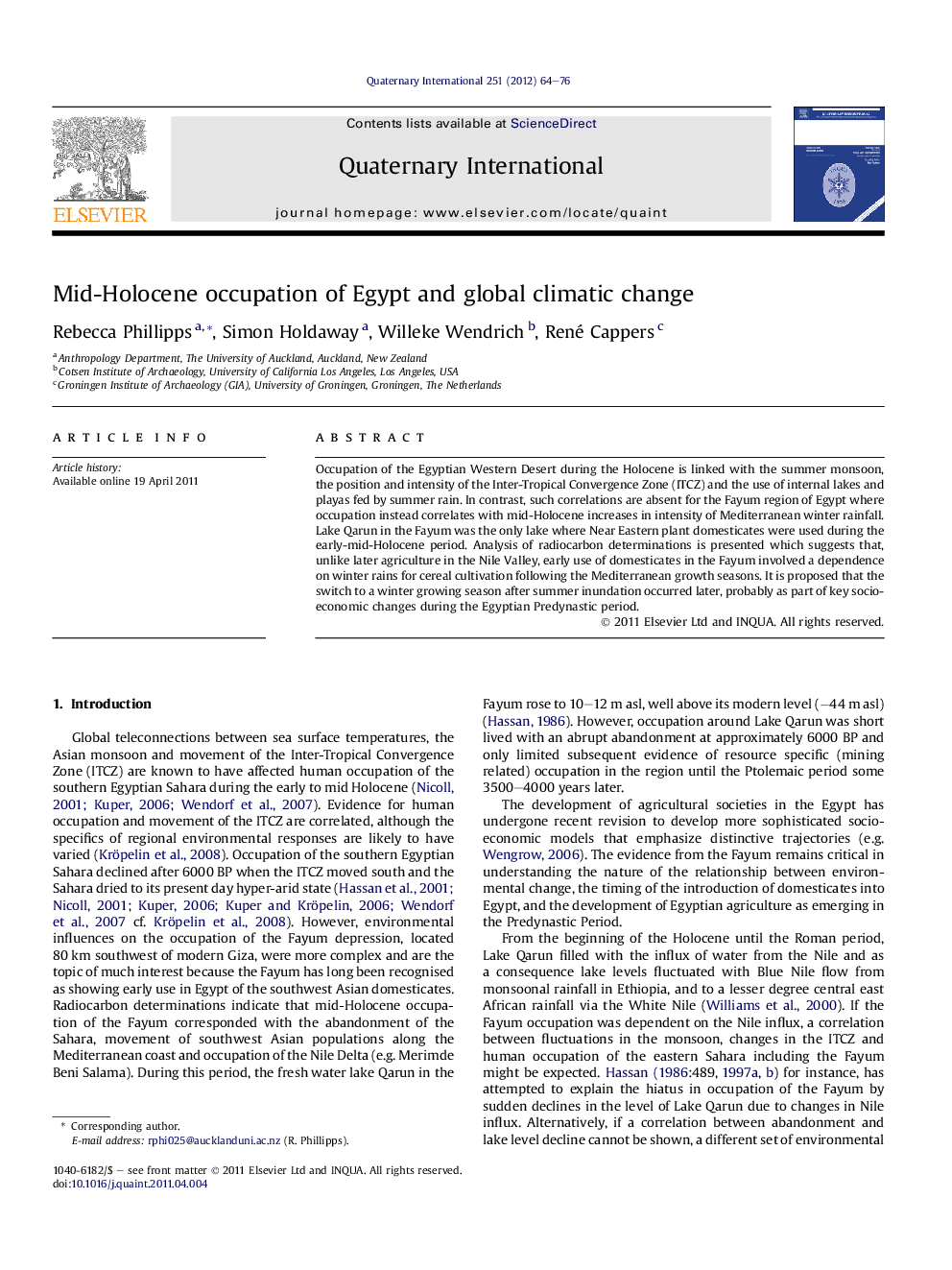 عکس صفحه اول مقاله: Mid-Holocene occupation of Egypt and global climatic change Mid-Holocene occupation of Egypt and global climatic change