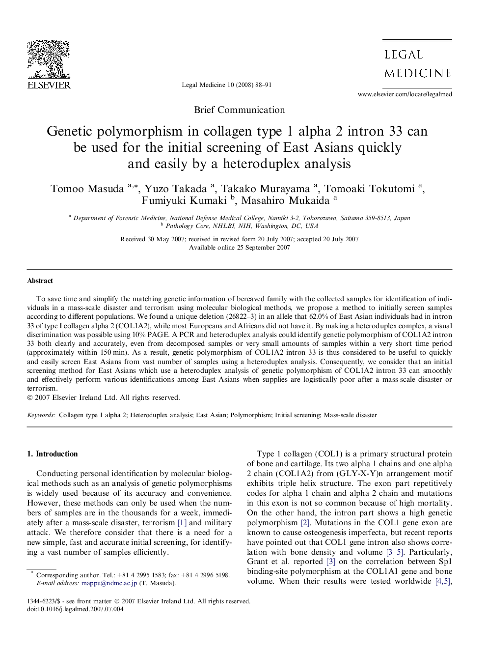 Genetic polymorphism in collagen type 1 alpha 2 intron 33 can be used for the initial screening of East Asians quickly and easily by a heteroduplex analysis