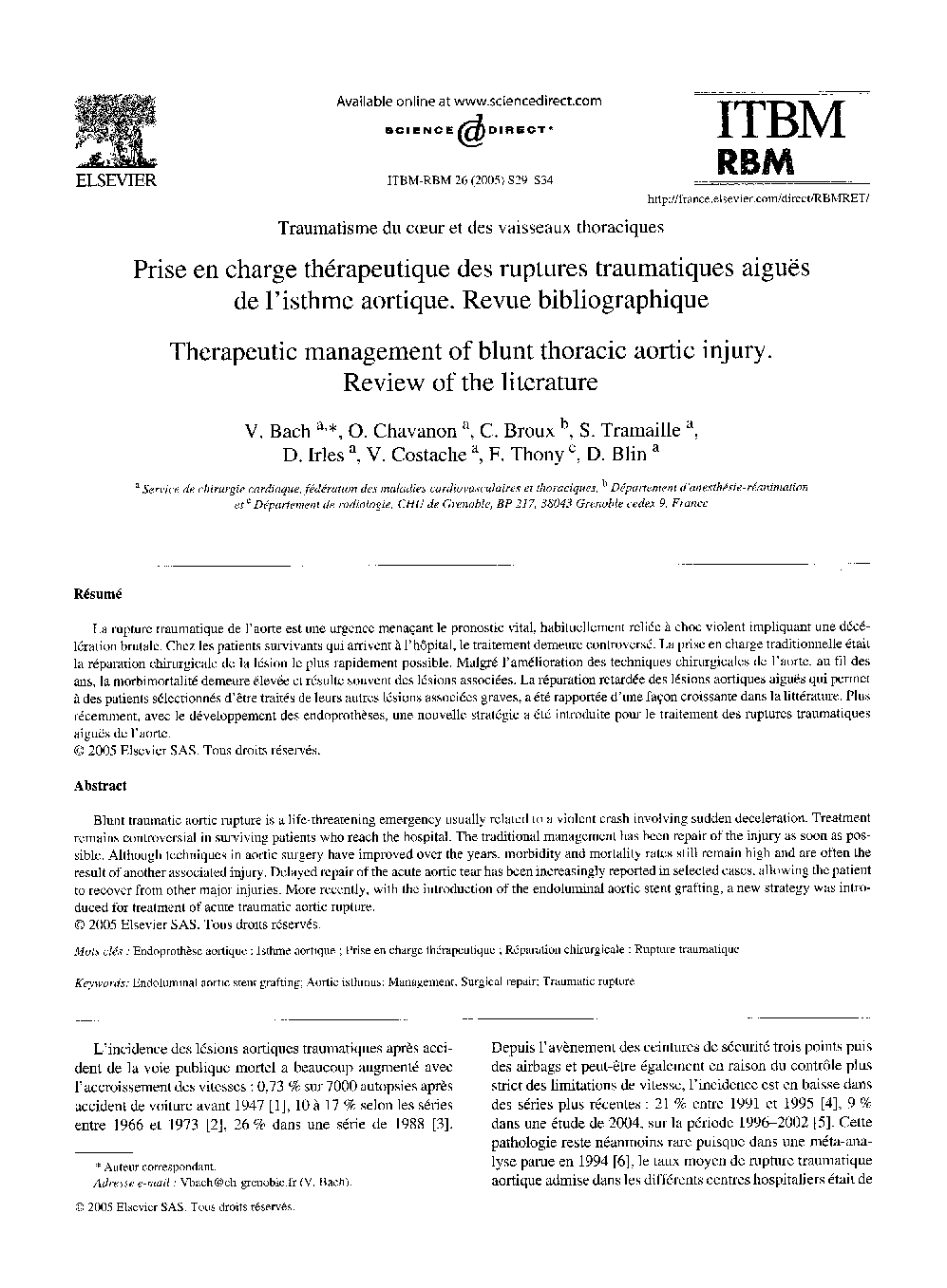 Prise en charge thérapeutique des ruptures traumatiques aiguës de l'isthme aortique. Revue bibliographique