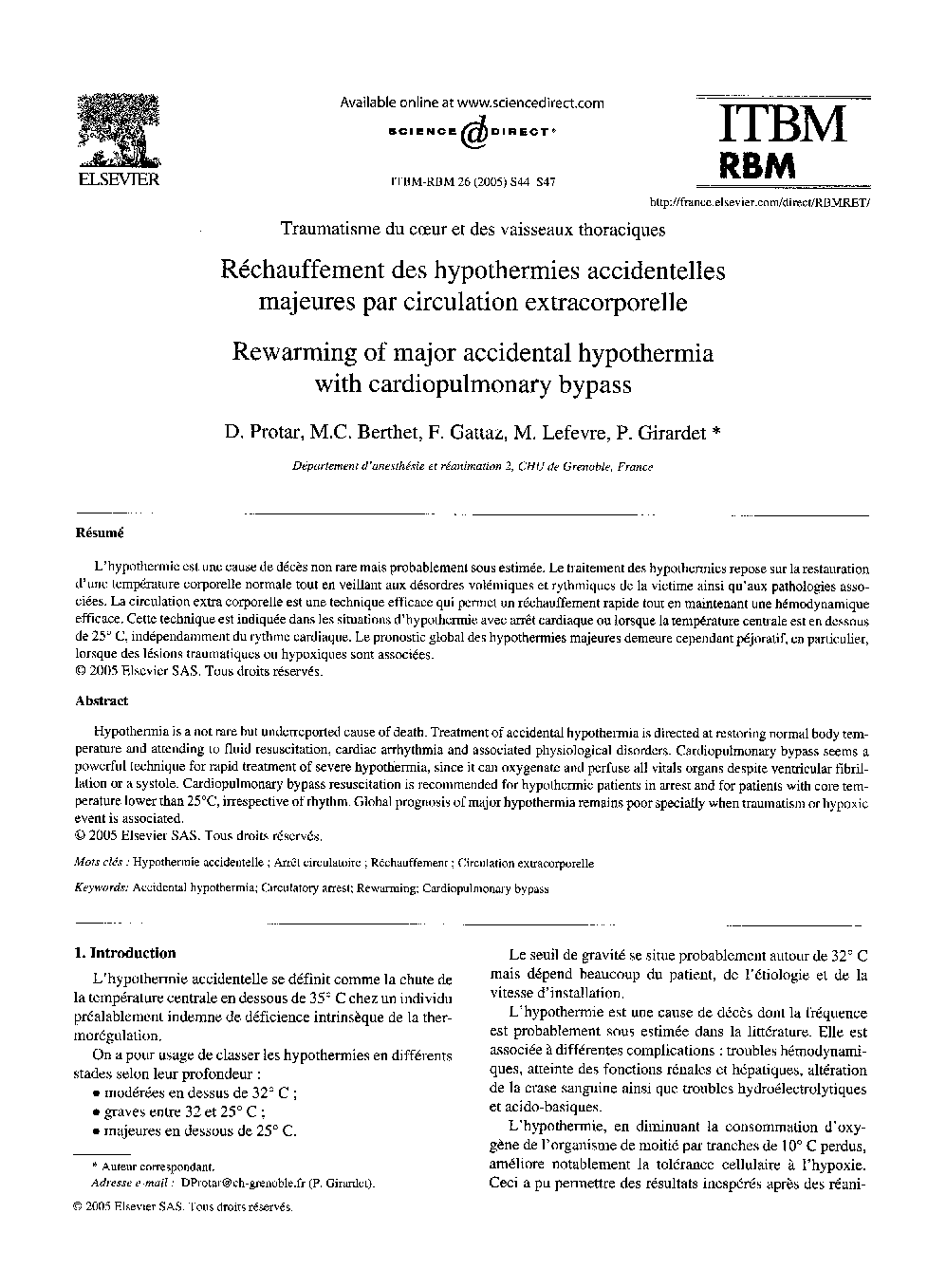 Réchauffement des hypothermies accidentelles majeures par circulation extracorporelle