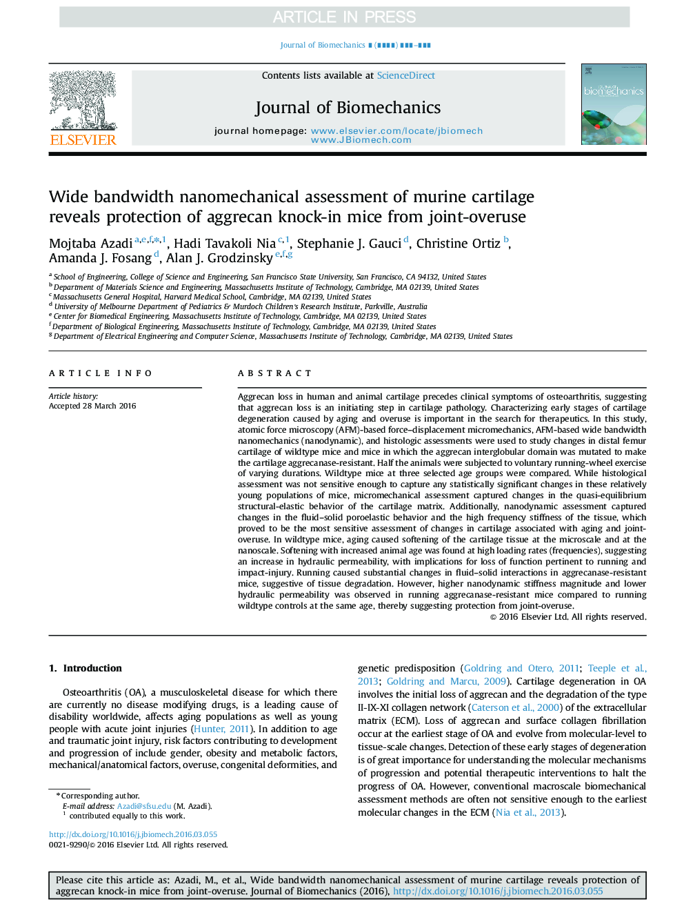 Wide bandwidth nanomechanical assessment of murine cartilage reveals protection of aggrecan knock-in mice from joint-overuse