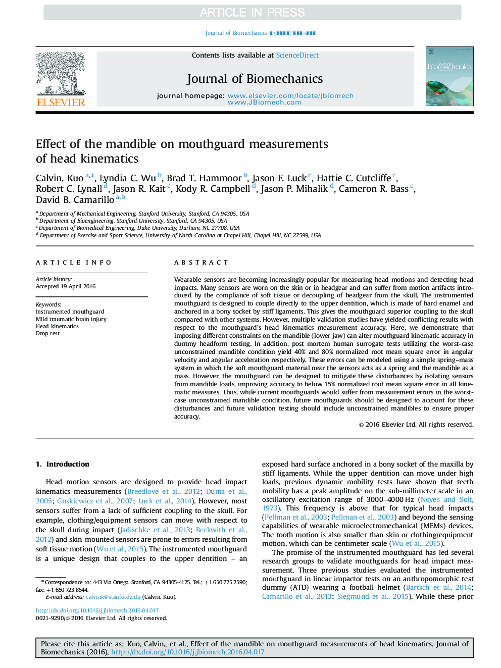 Effect of the mandible on mouthguard measurements of head kinematics