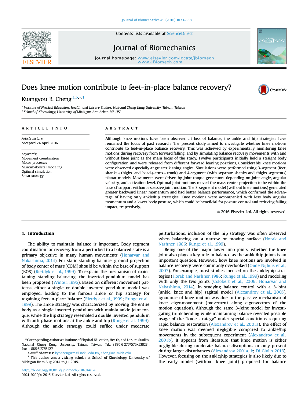 Does knee motion contribute to feet-in-place balance recovery?