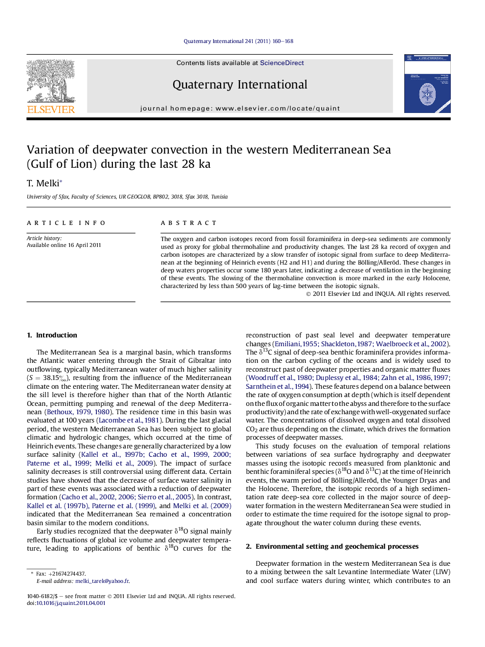 Variation of deepwater convection in the western Mediterranean Sea (Gulf of Lion) during the last 28 ka