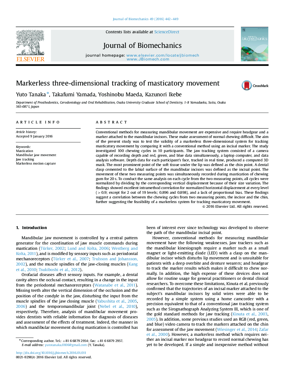 Markerless three-dimensional tracking of masticatory movement