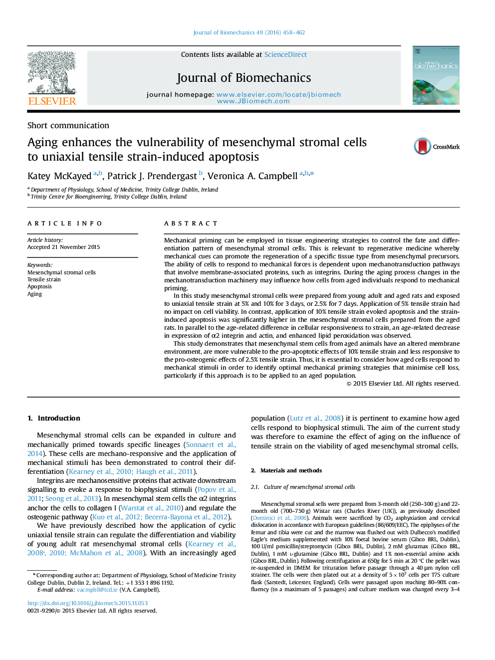 Aging enhances the vulnerability of mesenchymal stromal cells to uniaxial tensile strain-induced apoptosis