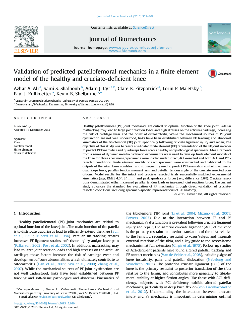 Validation of predicted patellofemoral mechanics in a finite element model of the healthy and cruciate-deficient knee