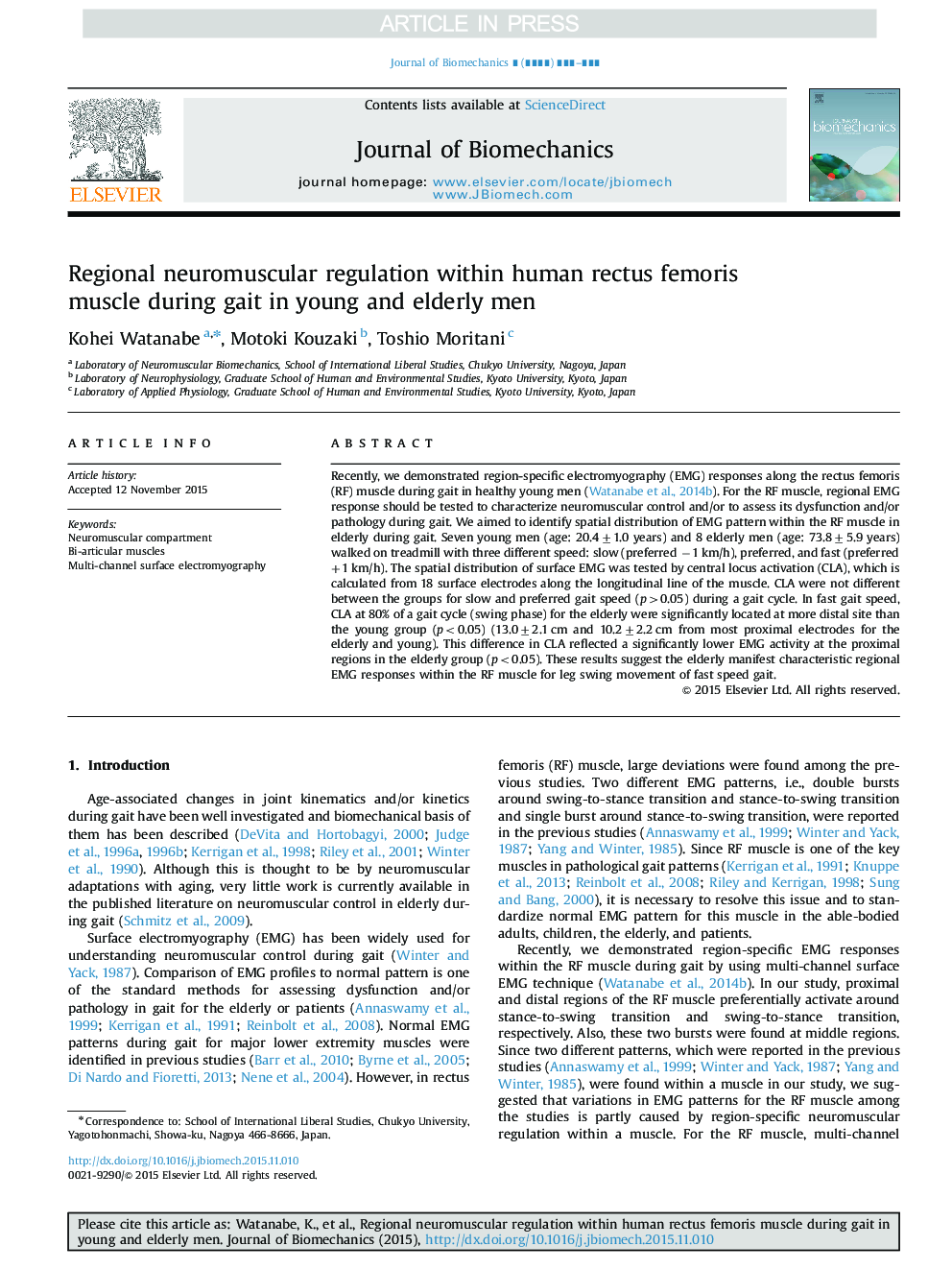 Regional neuromuscular regulation within human rectus femoris muscle during gait in young and elderly men