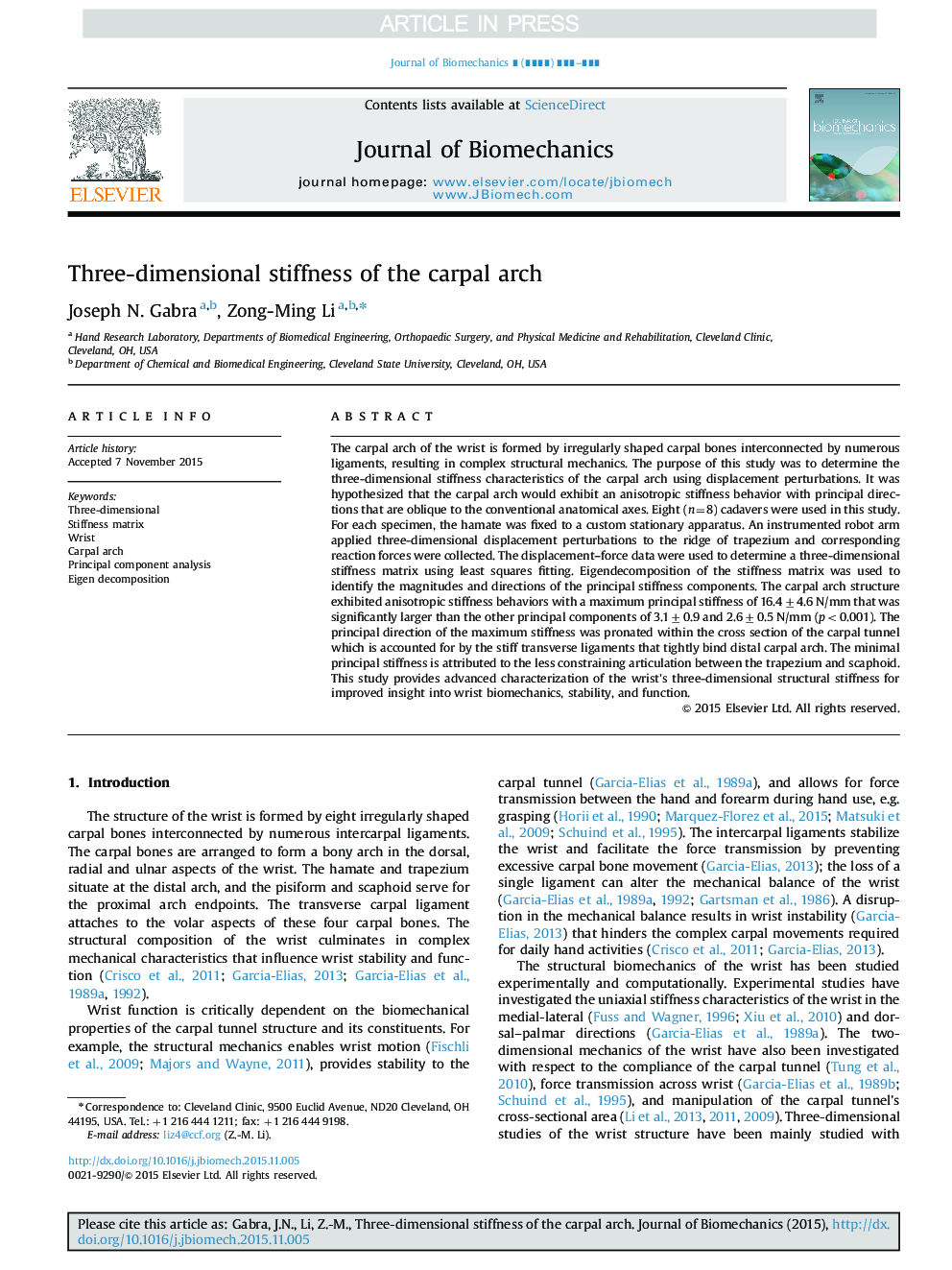 Three-dimensional stiffness of the carpal arch