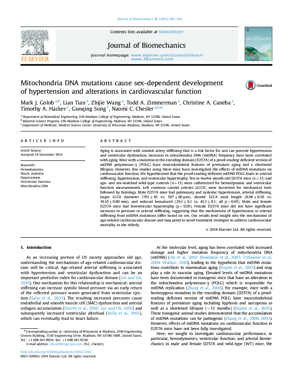 Mitochondria DNA mutations cause sex-dependent development of hypertension and alterations in cardiovascular function