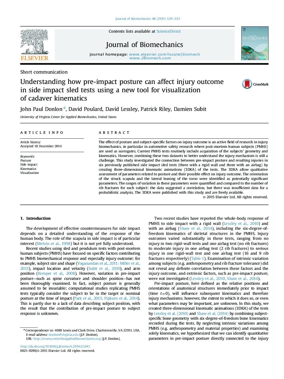 Understanding how pre-impact posture can affect injury outcome in side impact sled tests using a new tool for visualization of cadaver kinematics