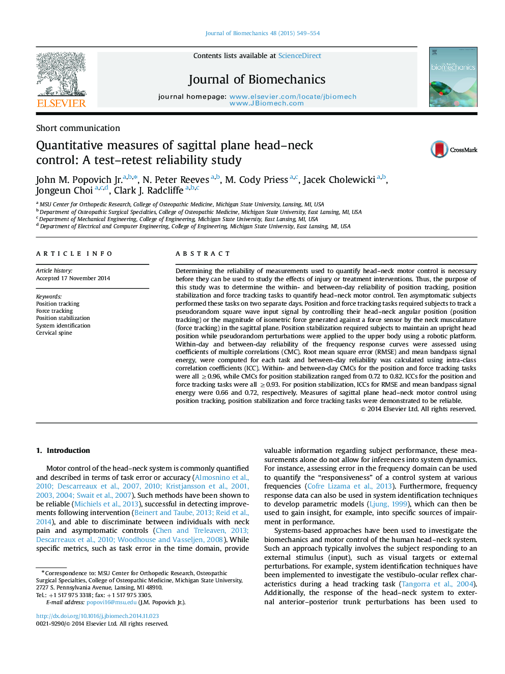 Quantitative measures of sagittal plane head-neck control: A test-retest reliability study