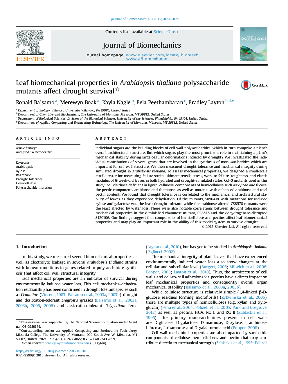 Leaf biomechanical properties in Arabidopsis thaliana polysaccharide mutants affect drought survival