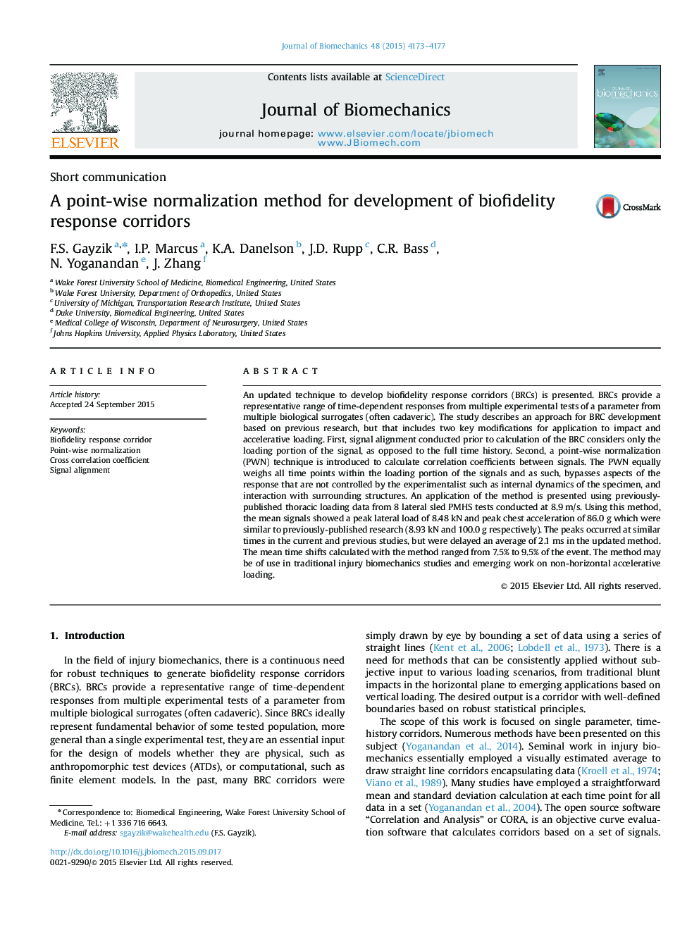 A point-wise normalization method for development of biofidelity response corridors