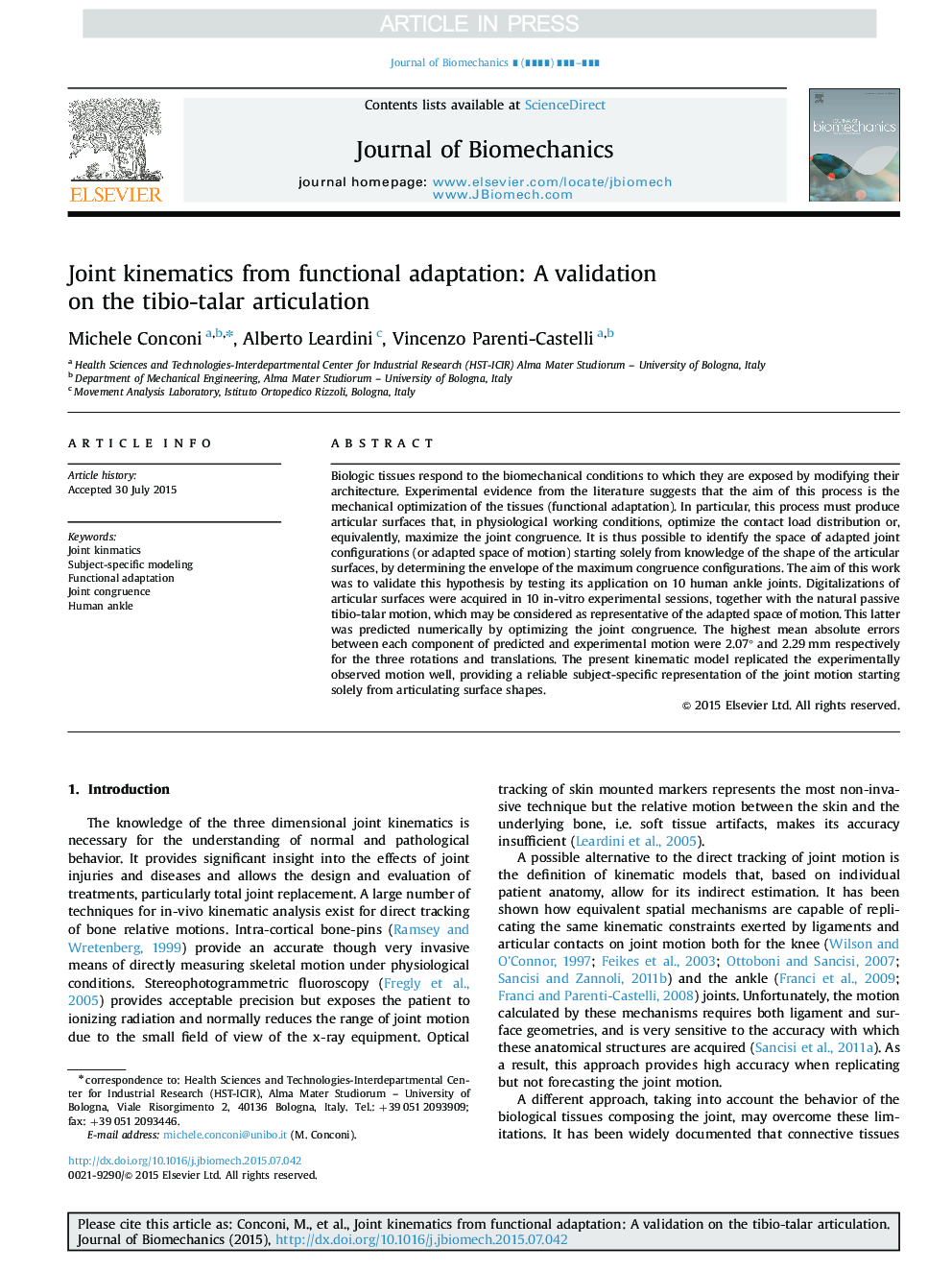 Joint kinematics from functional adaptation: A validation on the tibio-talar articulation